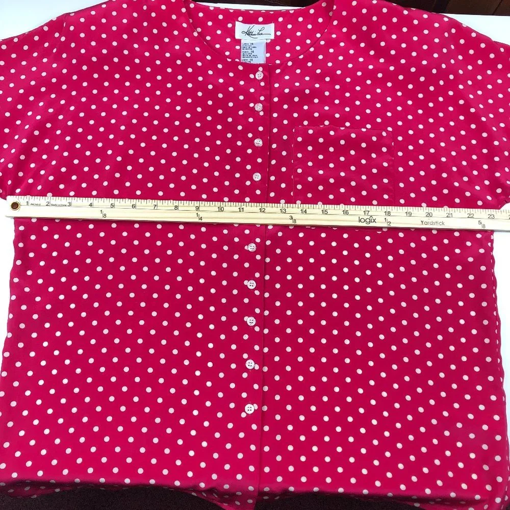 NEW Kathie Lee Vintage Silk Fushia Pink and White Polka Dot Short Sleeve Blouse - Picture 11 of 11
